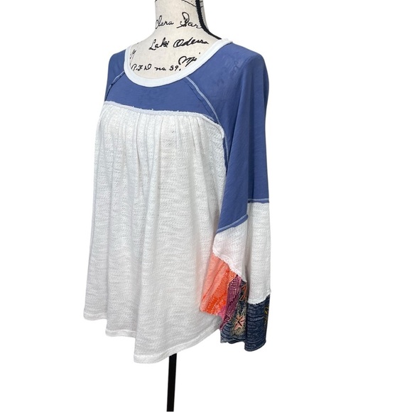 Free People Batwing Oversized Flowy Boho Color Block w/Florals Raw Hem Size L - Picture 8 of 14